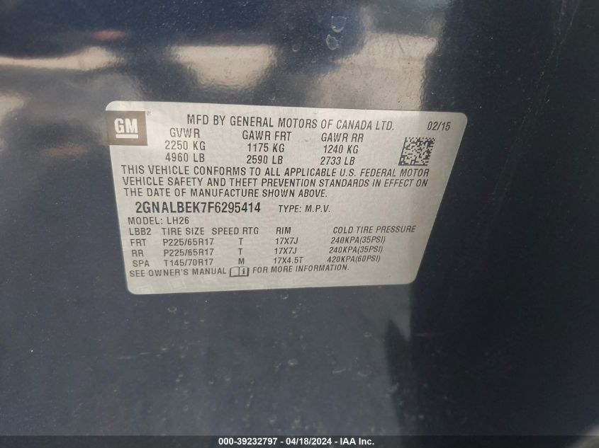 2015 Chevrolet Equinox 1Lt VIN: 2GNALBEK7F6295414 Lot: 39232797