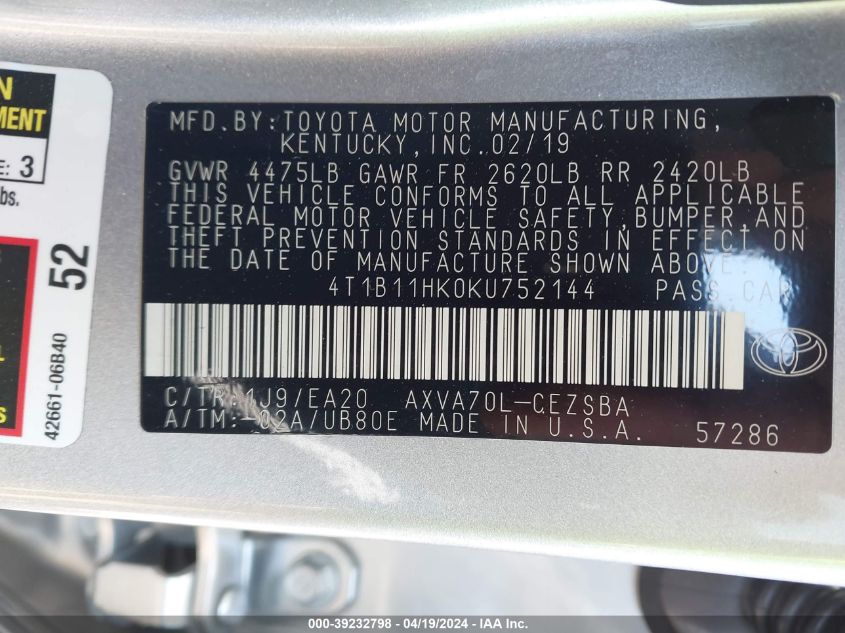 2019 Toyota Camry Se VIN: 4T1B11HK0KU752144 Lot: 39232798