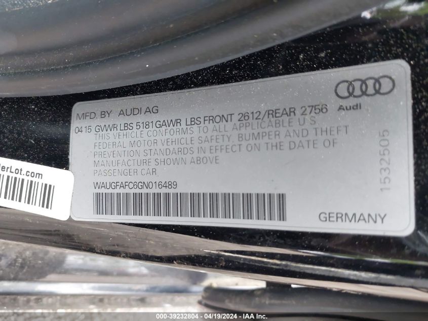 2016 Audi A6 2.0T Premium Plus VIN: WAUGFAFC6GN016489 Lot: 39232804