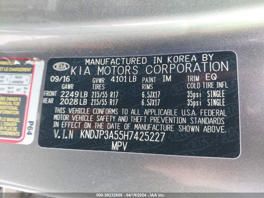 2017 Kia Soul + VIN: KNDJP3A55H7425227 Lot: 39232805