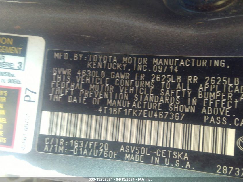 2014 Toyota Camry Se VIN: 4T1BF1FK7EU467367 Lot: 39232821