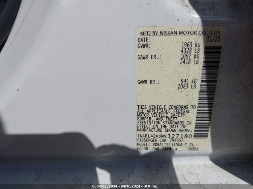 2021 Nissan Altima Sl Fwd VIN: 1N4BL4EV3MN327180 Lot: 39232834