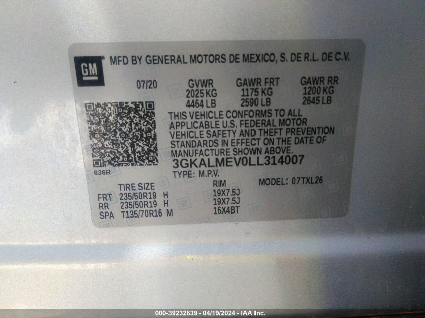2020 GMC Terrain Fwd Sle VIN: 3GKALMEV0LL314007 Lot: 39232839