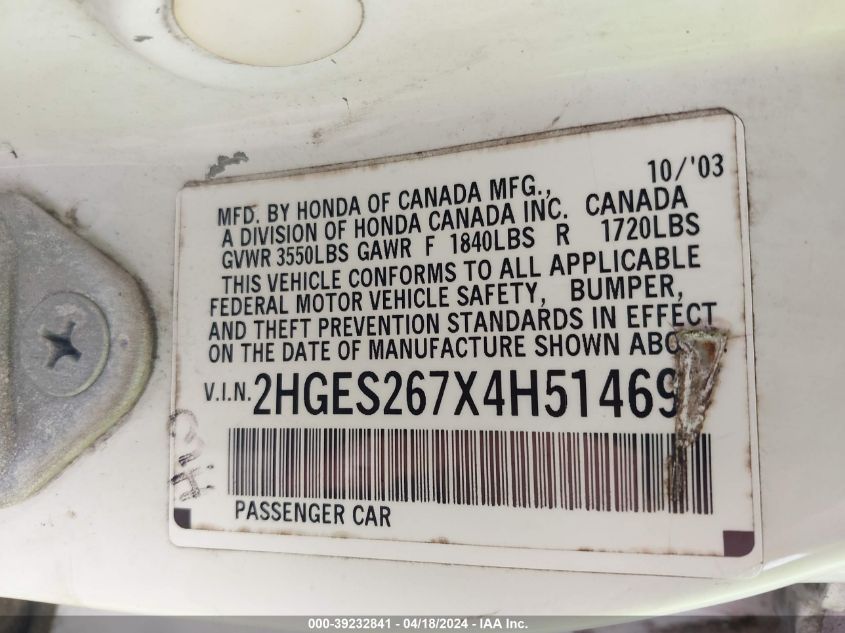 2004 Honda Civic Ex VIN: 2HGES267X4H514697 Lot: 39232841