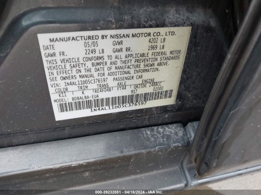 2005 Nissan Altima 2.5 S VIN: 1N4AL11D05C376597 Lot: 39232851