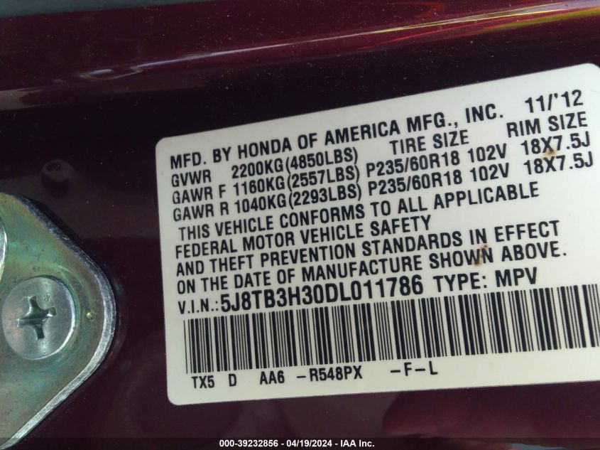 2013 Acura Rdx VIN: 5J8TB3H30DL011786 Lot: 39232856