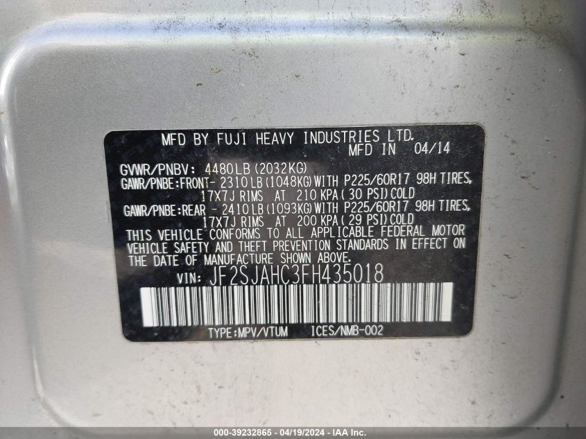 2015 Subaru Forester 2.5I Limited VIN: JF2SJAHC3FH435018 Lot: 39232865