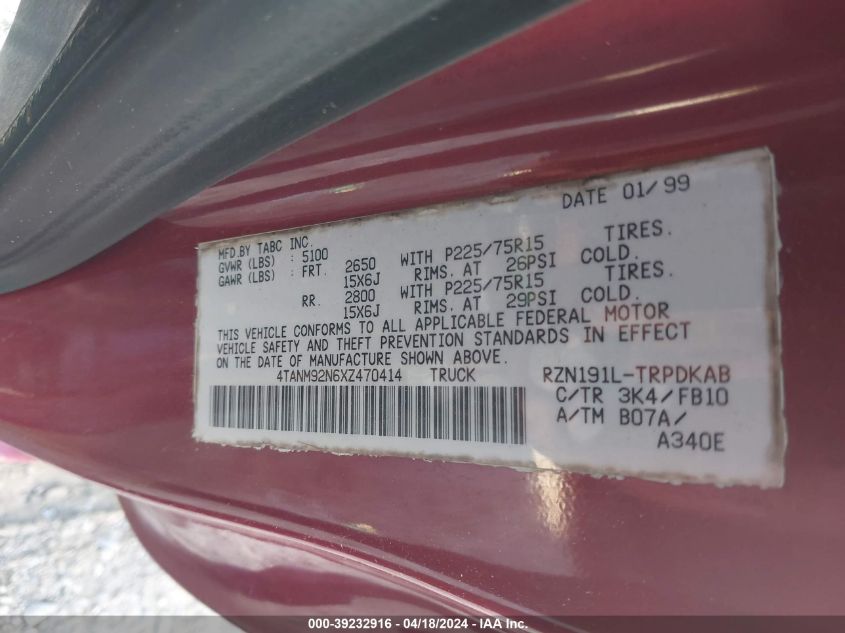 1999 Toyota Tacoma Prerunner VIN: 4TANM92N6XZ470414 Lot: 39232916