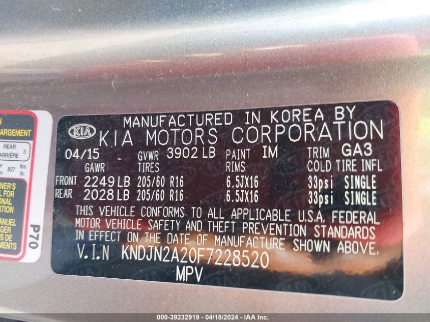 2015 Kia Soul VIN: KNDJN2A20F7228520 Lot: 39232919