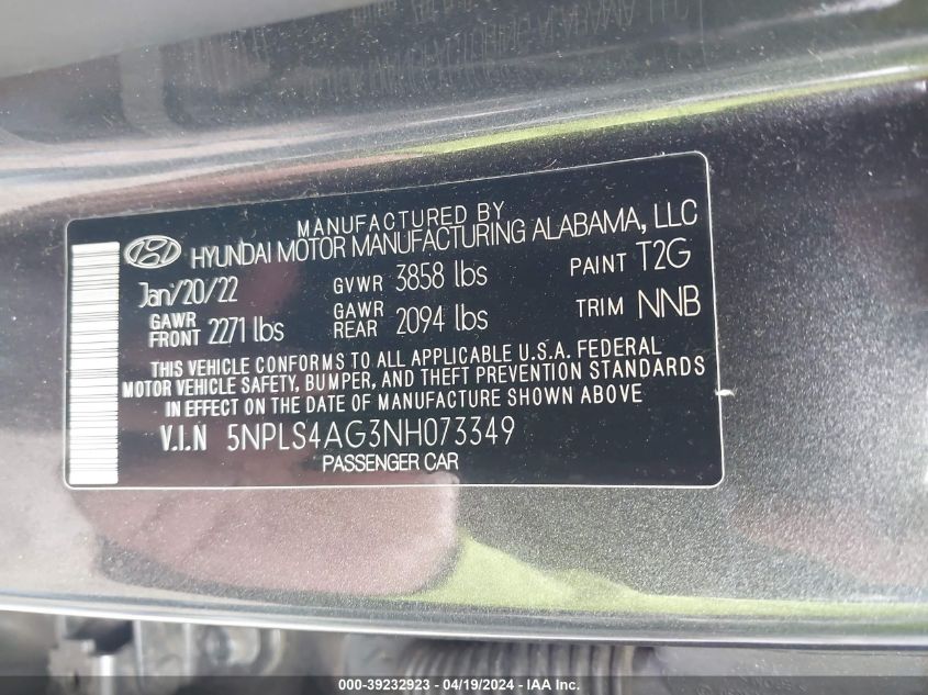 2022 Hyundai Elantra Sel VIN: 5NPLS4AG3NH073349 Lot: 39232923