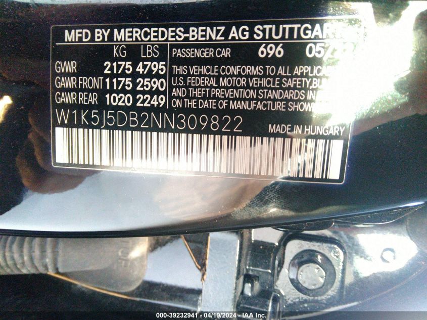 2022 Mercedes-Benz Amg Cla 45 4Matic VIN: W1K5J5DB2NN309822 Lot: 39232941