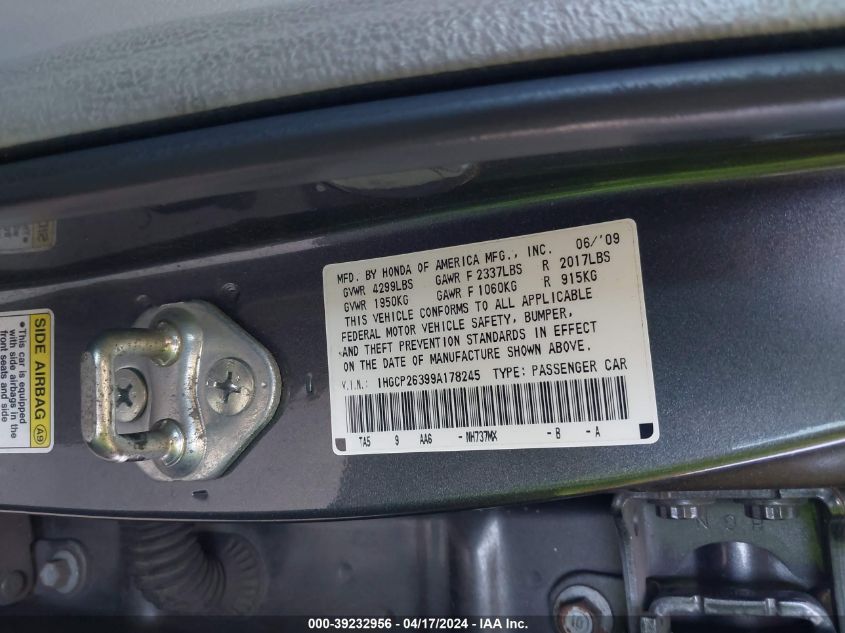 2009 Honda Accord 2.4 Lx VIN: 1HGCP26399A178245 Lot: 39232956
