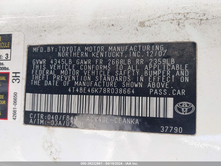 2008 Toyota Camry Le VIN: 4T4BE46K78R038664 Lot: 39232961