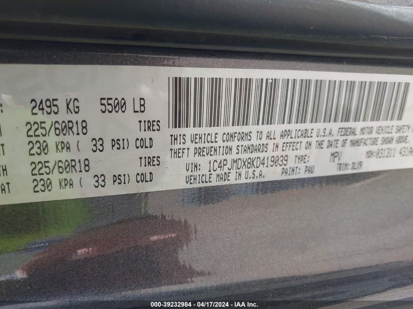 2019 Jeep Cherokee Limited 4X4 VIN: 1C4PJMDX8KD419039 Lot: 39232984