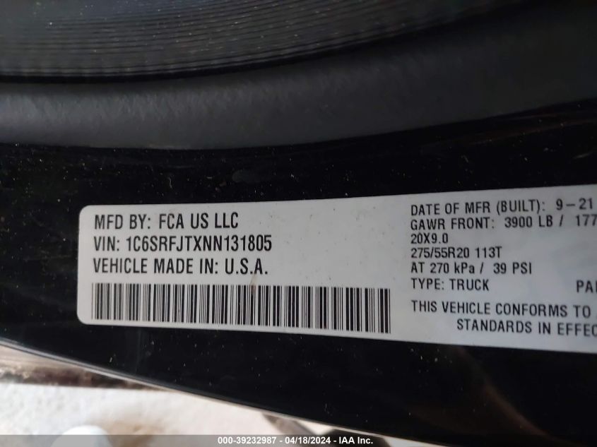 2022 Ram 1500 Laramie 4X4 5'7 Box VIN: 1C6SRFJTXNN131805 Lot: 39232987