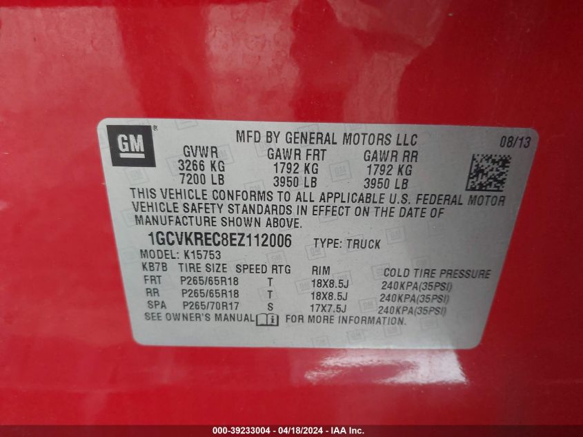 2014 Chevrolet Silverado 1500 1Lt VIN: 1GCVKREC8EZ112006 Lot: 39233004