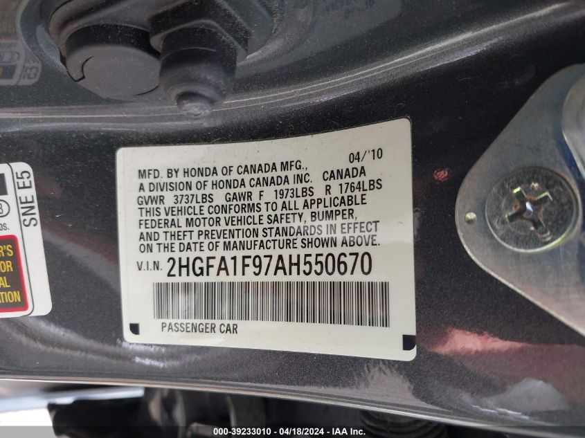 2010 Honda Civic Ex-L VIN: 2HGFA1F97AH550670 Lot: 39233010