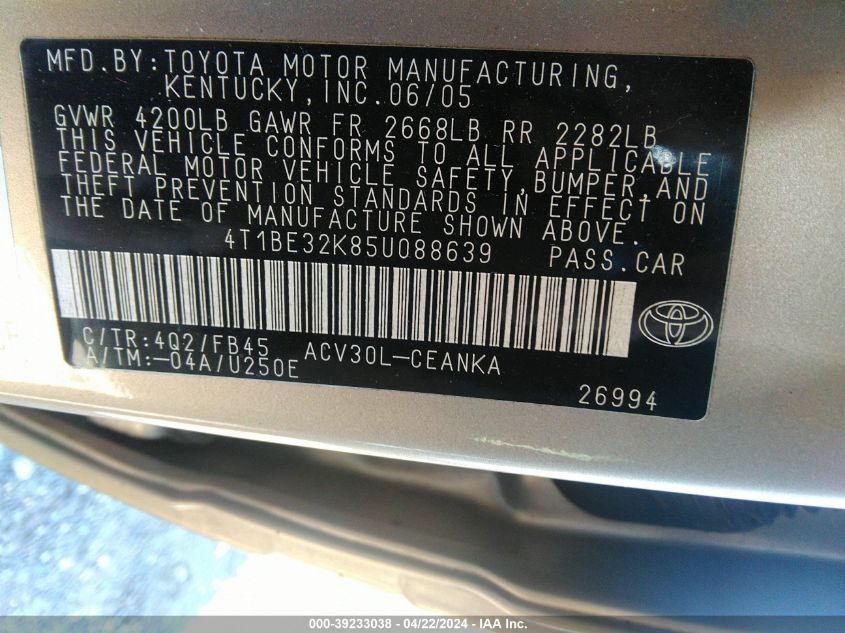 2005 Toyota Camry Le VIN: 4T1BE32K85U088639 Lot: 39233038