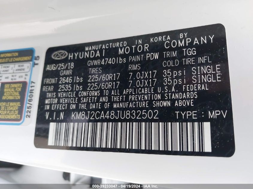 2018 Hyundai Tucson Se VIN: KM8J2CA48JU832502 Lot: 39233047