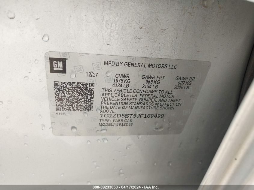 2018 Chevrolet Malibu Lt VIN: 1G1ZD5ST5JF169499 Lot: 39233050