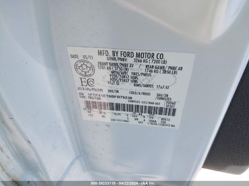 2011 Ford F-150 Xlt VIN: 1FTFX1ET6BFB79238 Lot: 39233118
