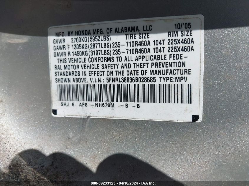 2006 Honda Odyssey Touring VIN: 5FNRL38836B028685 Lot: 39233123