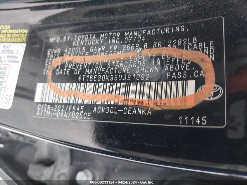 2005 Toyota Camry Le VIN: 4T1BE30K95U391092 Lot: 39233124