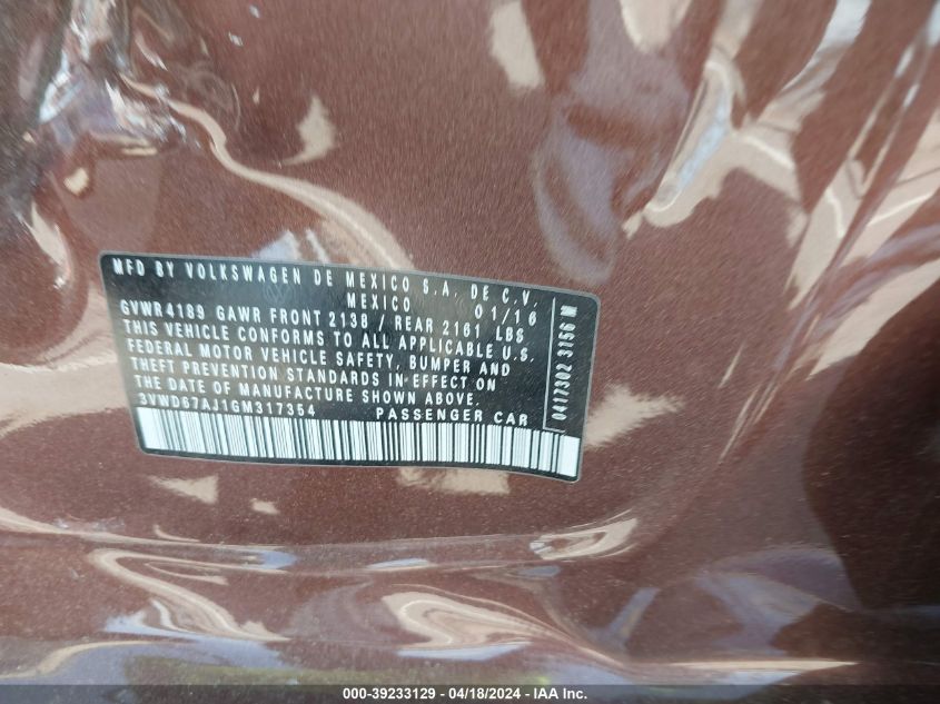 2016 Volkswagen Jetta 1.4T Se VIN: 3VWD67AJ1GM317354 Lot: 39233129