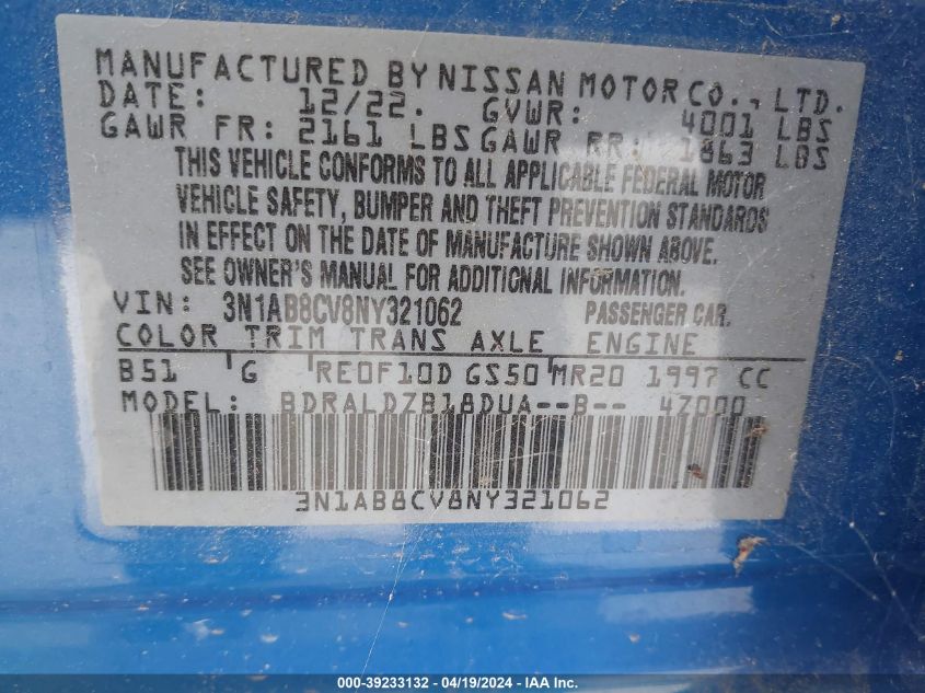 2022 Nissan Sentra Sv Xtronic Cvt VIN: 3N1AB8CV8NY321062 Lot: 39233132