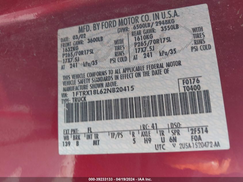 2002 Ford F-150 Lariat/Xl/Xlt VIN: 1FTRX18L62NB20415 Lot: 39233133