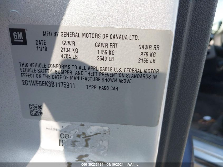 2011 Chevrolet Impala Ls VIN: 2G1WF5EK3B1175911 Lot: 39233134