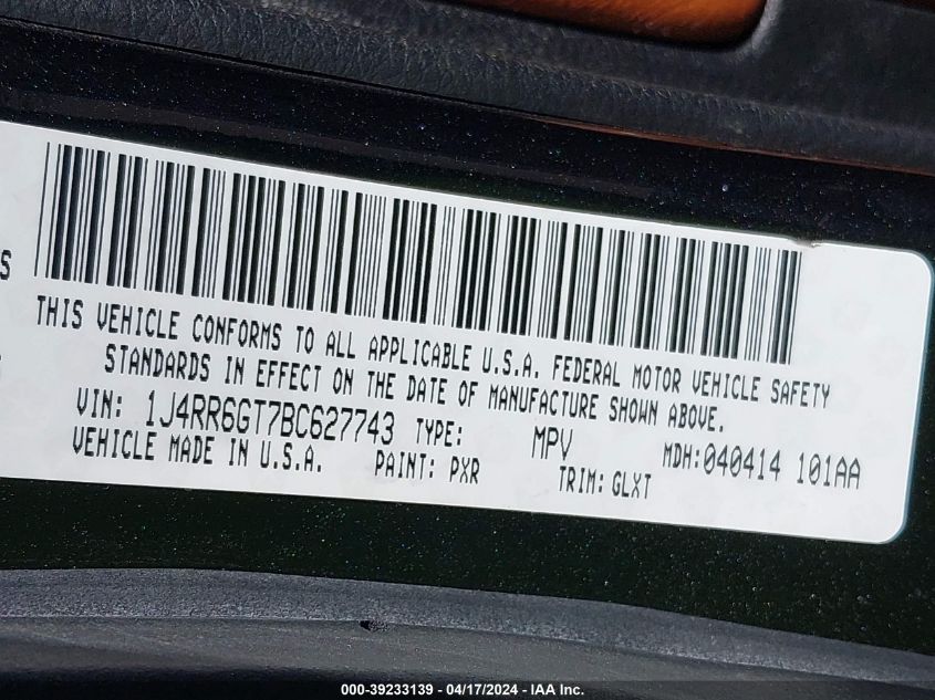 2011 Jeep Grand Cherokee Overland VIN: 1J4RR6GT7BC627743 Lot: 39233139