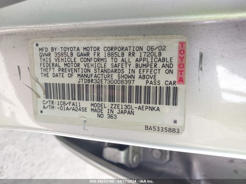 2003 Toyota Corolla Le VIN: JTDBR32E730008397 Lot: 39233185