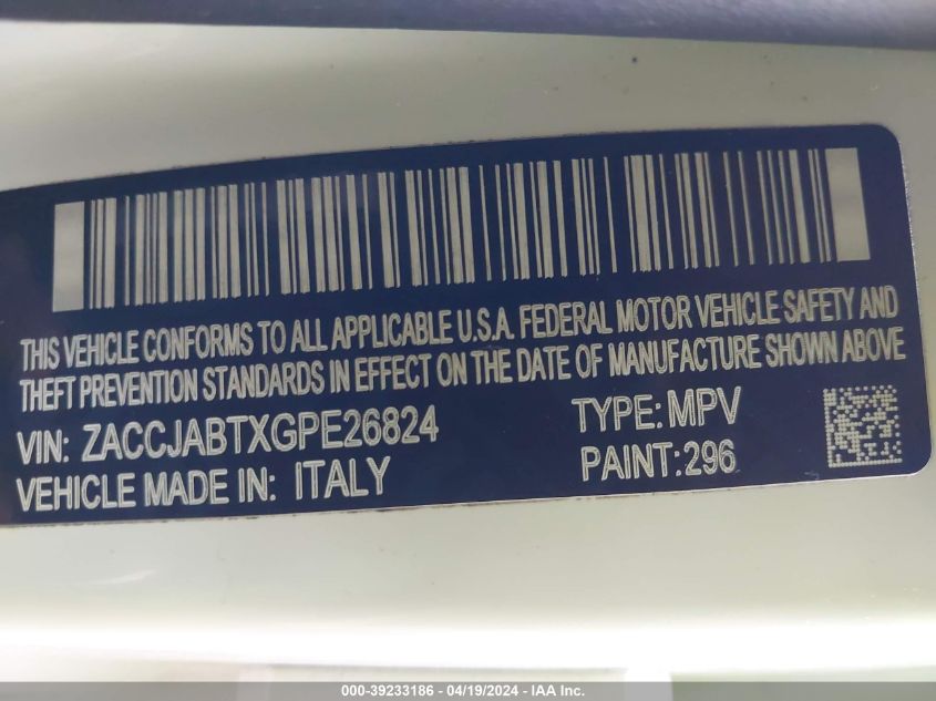 2016 Jeep Renegade Latitude VIN: ZACCJABTXGPE26824 Lot: 39233186