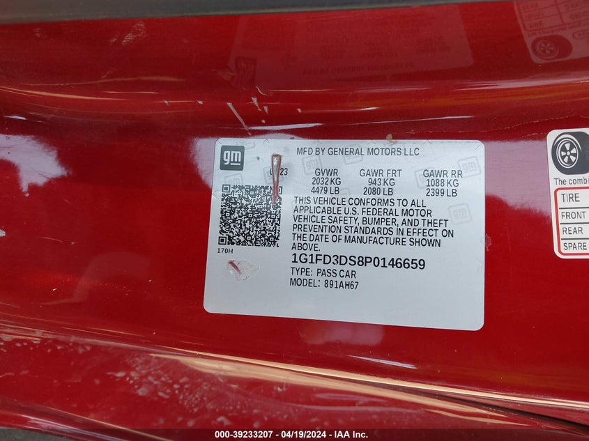 2023 Chevrolet Camaro Rwd 2Lt VIN: 1G1FD3DS8P0146659 Lot: 39233207