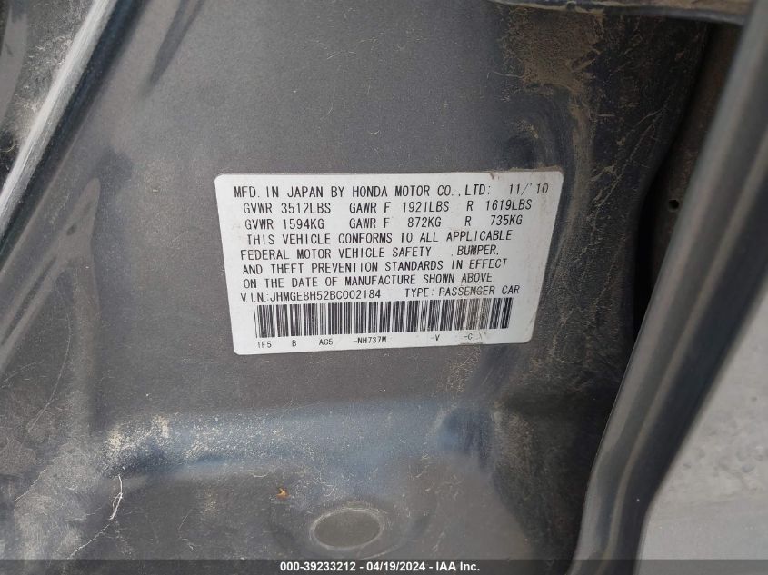 2011 Honda Fit Sport VIN: JHMGE8H52BC002184 Lot: 39233212