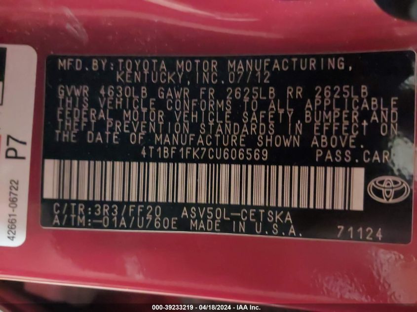 2012 Toyota Camry Se VIN: 4T1BF1FK7CU606569 Lot: 39233219