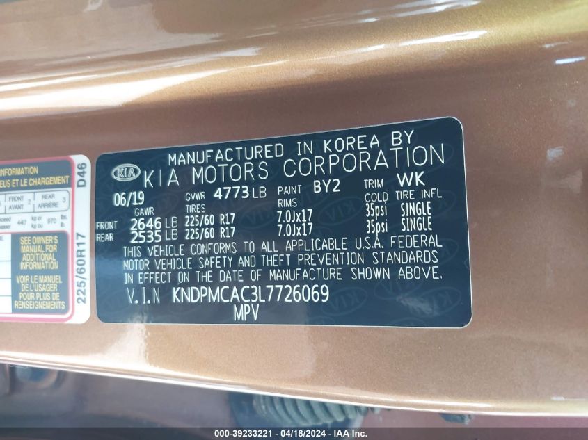 2020 Kia Sportage Lx VIN: KNDPMCAC3L7726069 Lot: 39233221