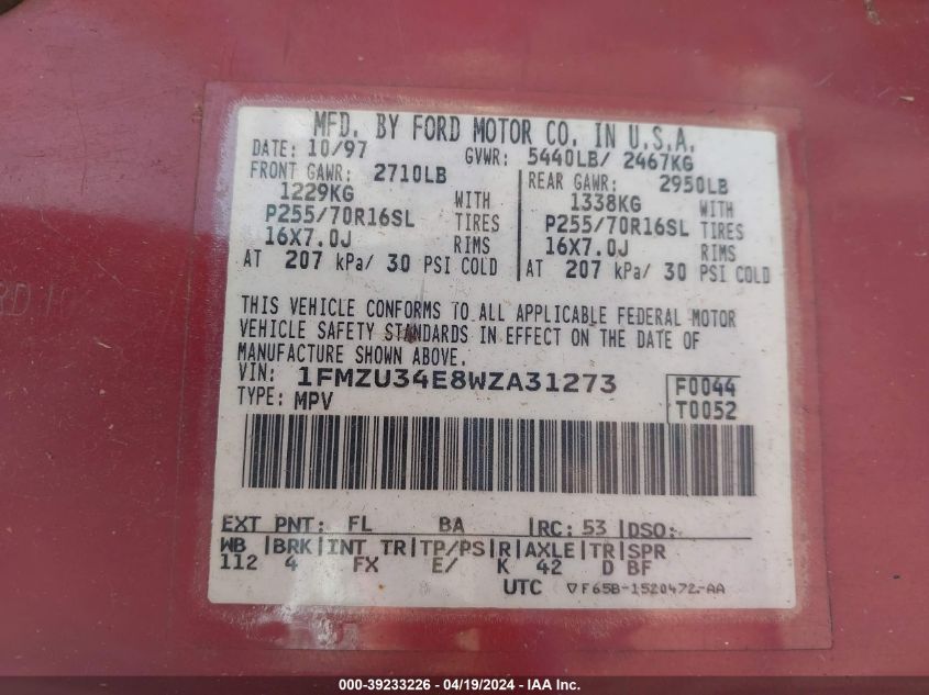 1998 Ford Explorer Eddie Bauer/Limited/Xl/Xlt VIN: 1FMZU34E8WZA31273 Lot: 39233226