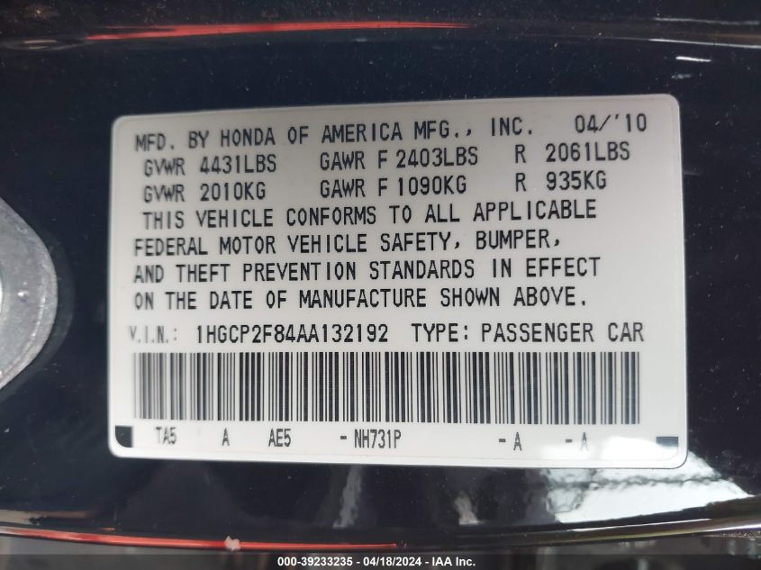 2010 Honda Accord 2.4 Ex-L VIN: 1HGCP2F84AA132192 Lot: 39233235