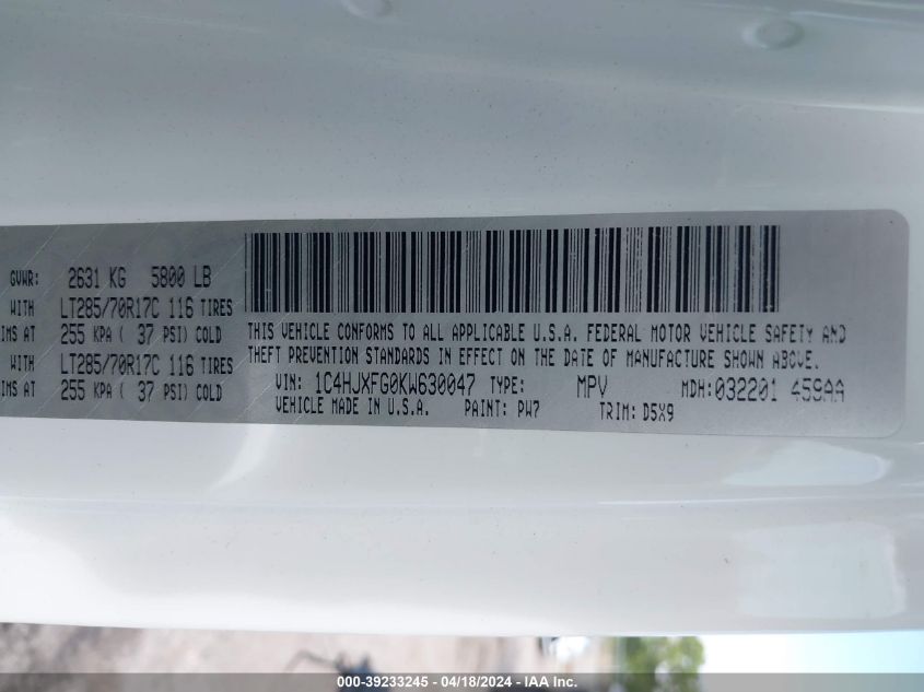 2019 Jeep Wrangler Unlimited Rubicon 4X4 VIN: 1C4HJXFG0KW630047 Lot: 39233245