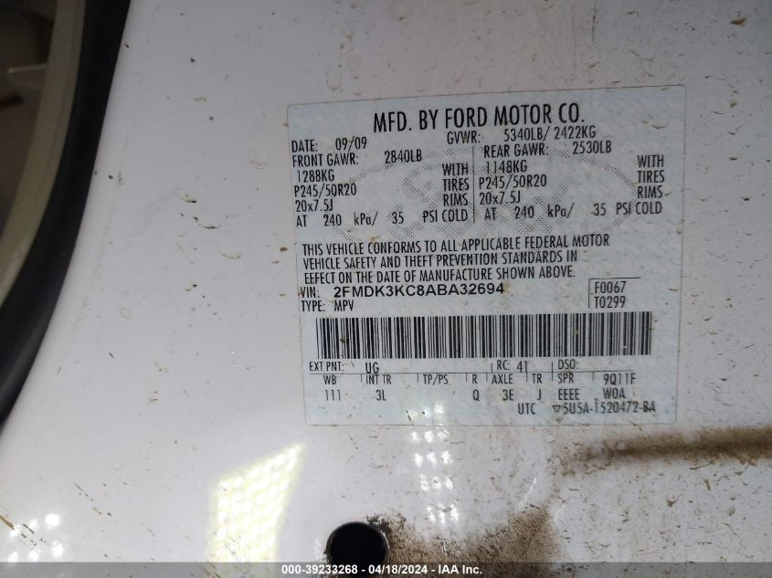 2010 Ford Edge Limited VIN: 2FMDK3KC8ABA32694 Lot: 39233268