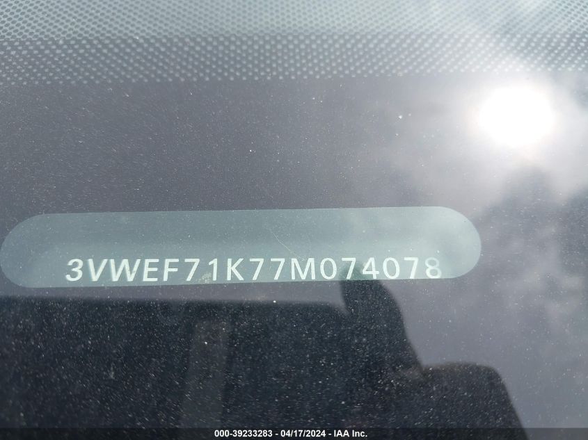 2007 Volkswagen Jetta Wolfsburg Edition VIN: 3VWEF71K77M074078 Lot: 39233283