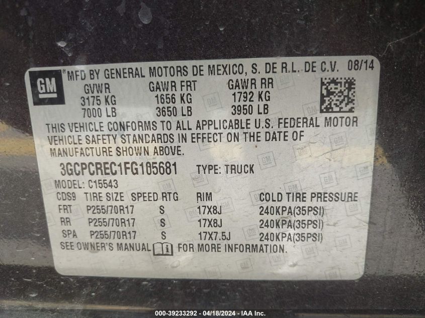 2015 Chevrolet Silverado 1500 1Lt VIN: 3GCPCREC1FG105681 Lot: 39233292