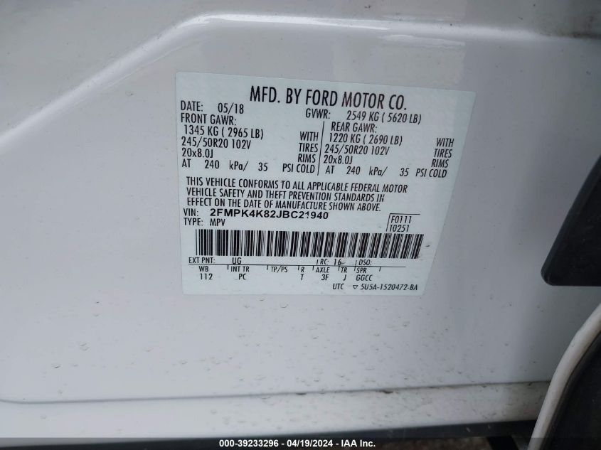 2018 Ford Edge Titanium VIN: 2FMPK4K82JBC21940 Lot: 39233296