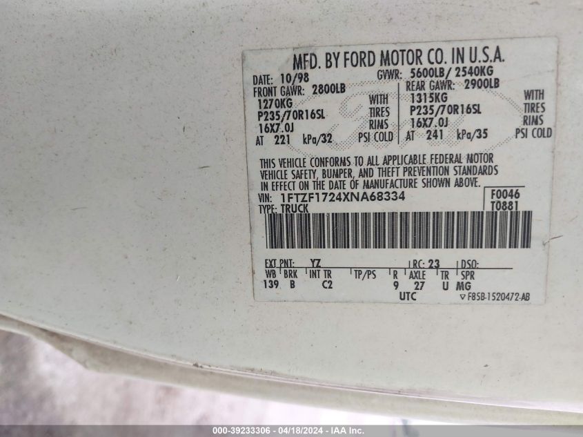 1999 Ford F-150 Work Series/Xl/Xlt VIN: 1FTZF1724XNA68334 Lot: 39233306