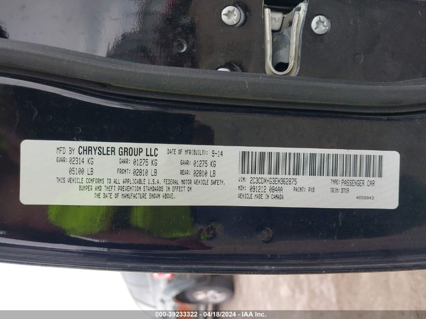 2014 Dodge Charger Sxt VIN: 2C3CDXHG3EH362875 Lot: 39233322