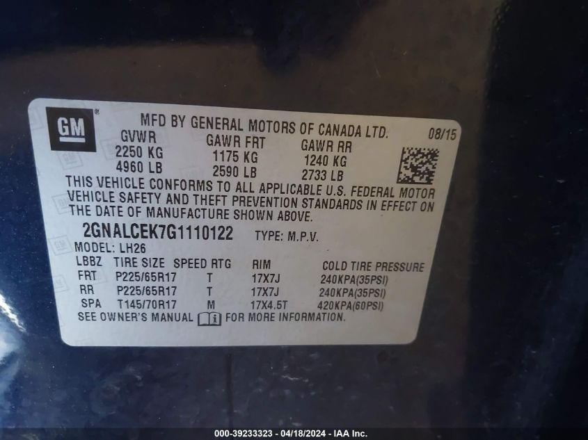 2016 Chevrolet Equinox Lt VIN: 2GNALCEK7G1110122 Lot: 39233323