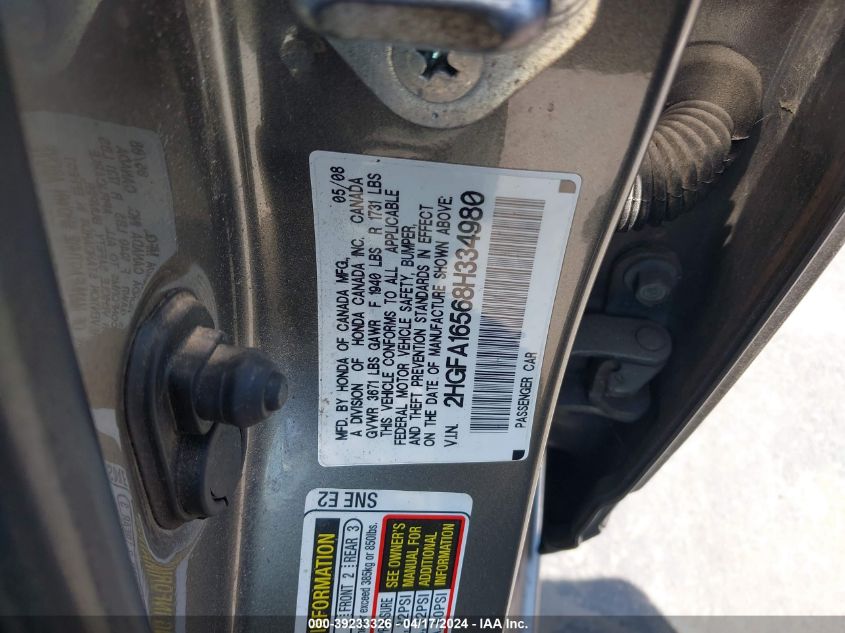 2008 Honda Civic Lx VIN: 2HGFA16568H334980 Lot: 39233326