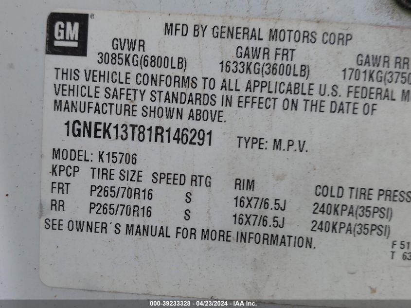 1GNEK13T81R146291 2001 Chevrolet Tahoe Lt